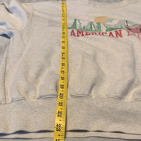 American eagle size medium gray crew neck sweatshirt log cabin pine trees sun - Picture 11 of 11